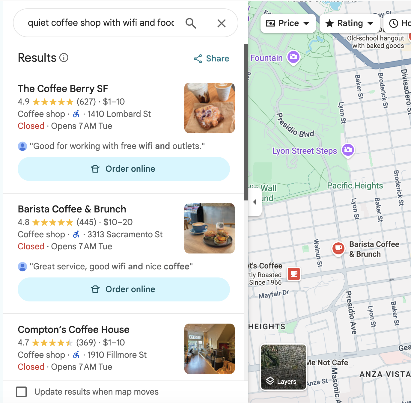 Google Maps search results, second example